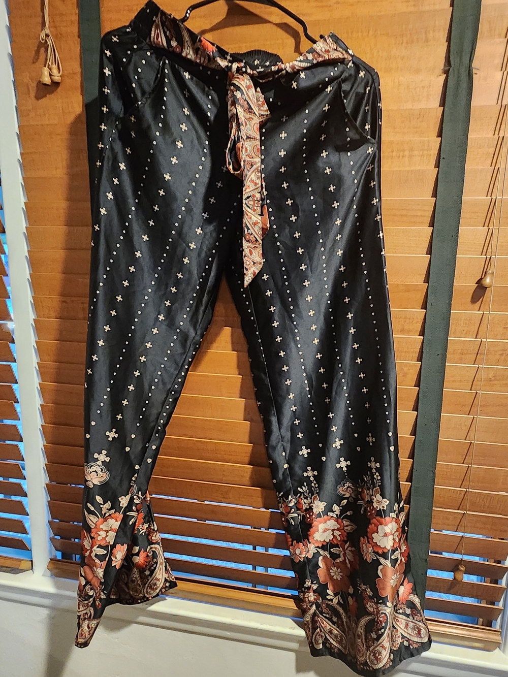On The Road Black Wide-Leg Pants with Cream Floral Accents